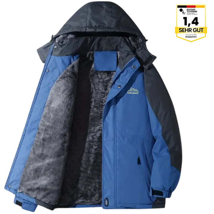 Herre outdoorjakke, vandtæt, varmtforet, med hætte, color-block design, ideel til camping og vandreture