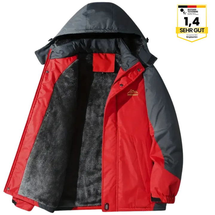 Herre outdoorjakke, vandtæt, varmtforet, med hætte, color-block design, ideel til camping og vandreture