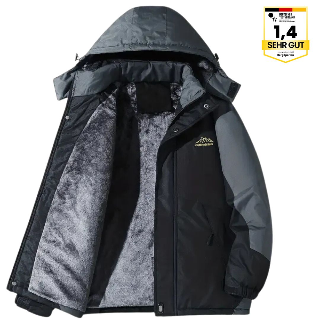 Herre outdoorjakke, vandtæt, varmtforet, med hætte, color-block design, ideel til camping og vandreture