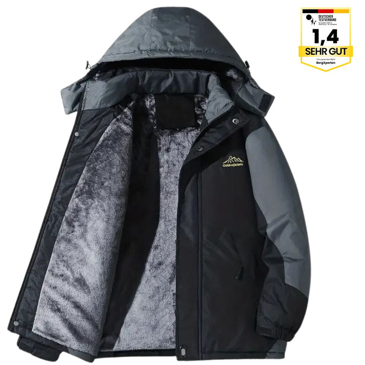 Herre outdoorjakke, vandtæt, varmtforet, med hætte, color-block design, ideel til camping og vandreture