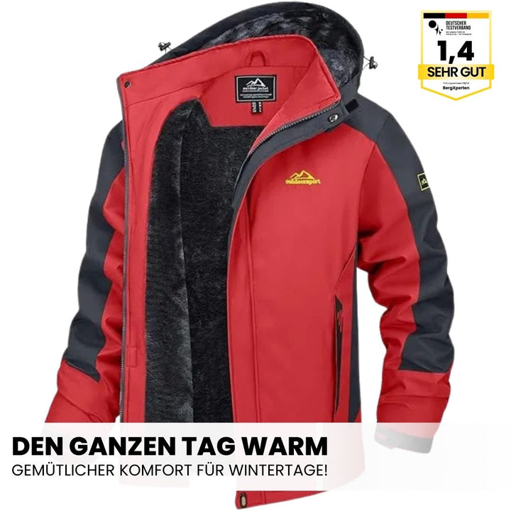 Herre outdoorjakke, vandtæt, varmtforet, med hætte, color-block design, ideel til camping og vandreture