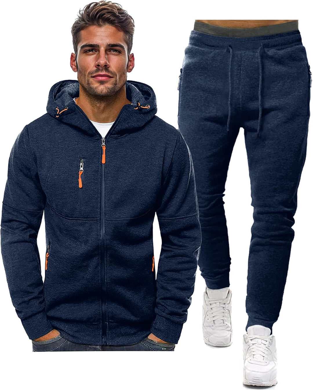 Herre Slim-Fit træningsdragt, åndbar, mørkeblå, frontvisning, stilfuldt look, letvægtsmateriale til sport og fritid