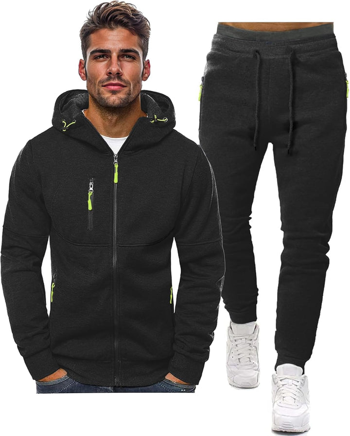 Herre Slim-Fit træningsdragt, åndbar, mørkeblå, frontvisning, stilfuldt look, letvægtsmateriale til sport og fritid