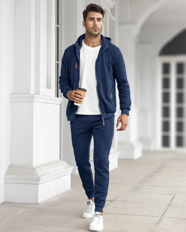 Herre Slim-Fit træningsdragt, åndbar, mørkeblå, frontvisning, stilfuldt look, letvægtsmateriale til sport og fritid