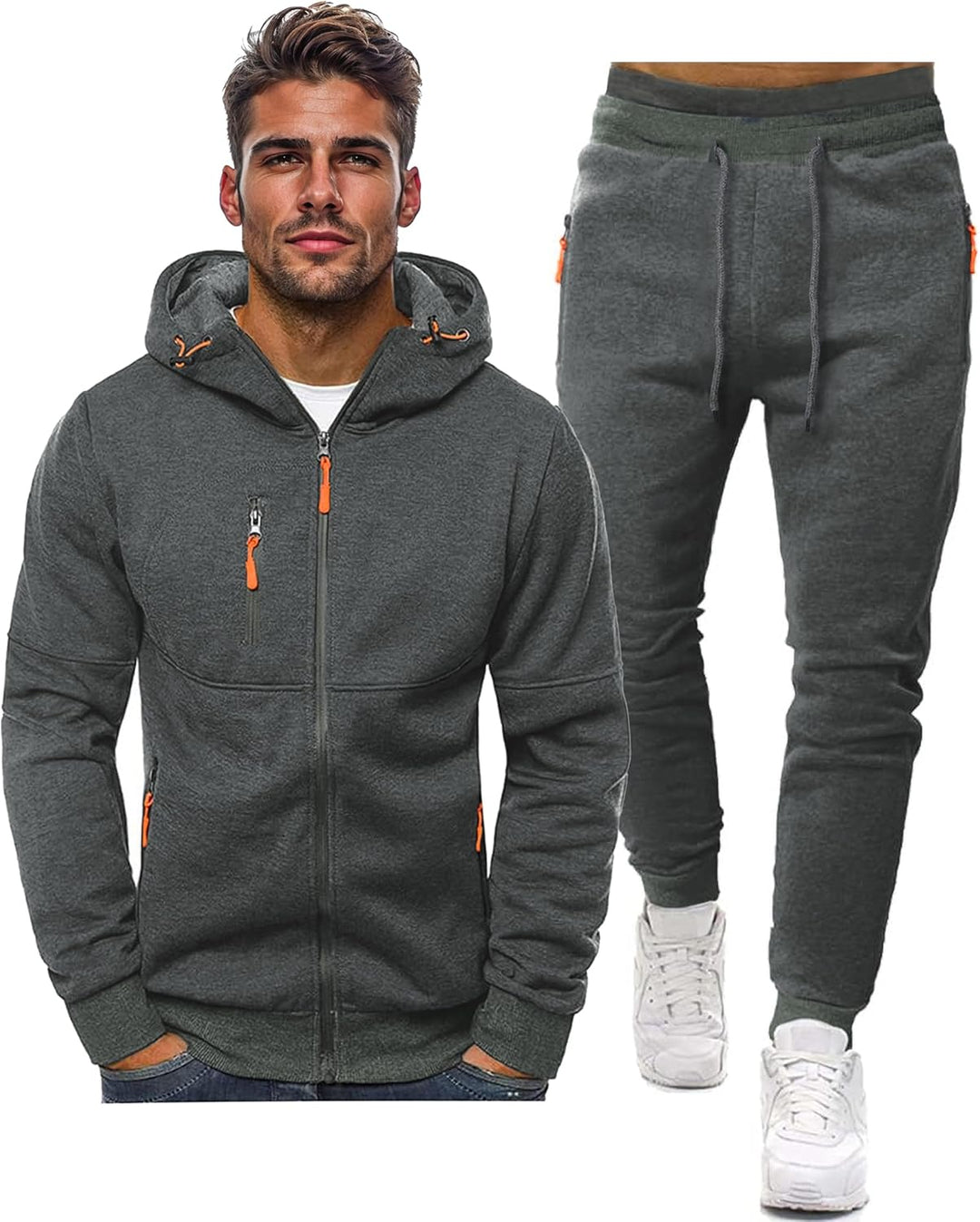 Herre Slim-Fit træningsdragt, åndbar, mørkeblå, frontvisning, stilfuldt look, letvægtsmateriale til sport og fritid