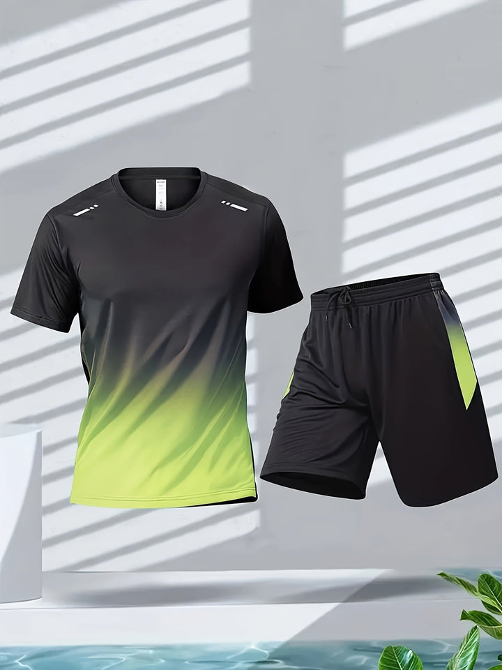Herre sportssæt: Åndbart T-shirt & shorts, hurtigtørrende, gradient farveovergang, moderne design til sport