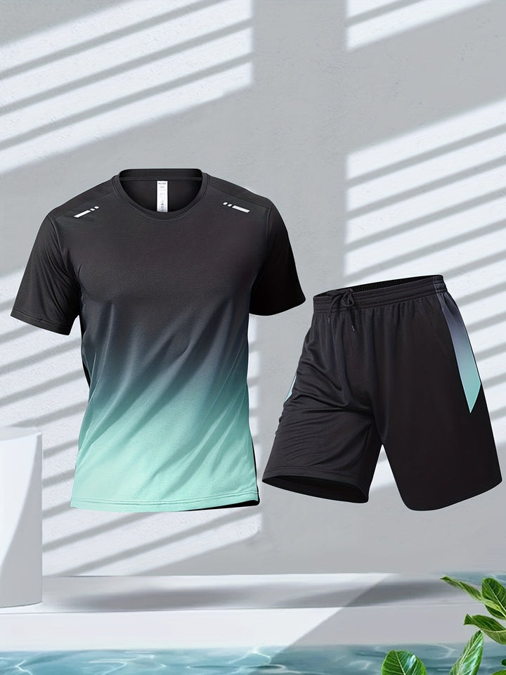 Herre sportssæt: Åndbart T-shirt & shorts, hurtigtørrende, gradient farveovergang, moderne design til sport