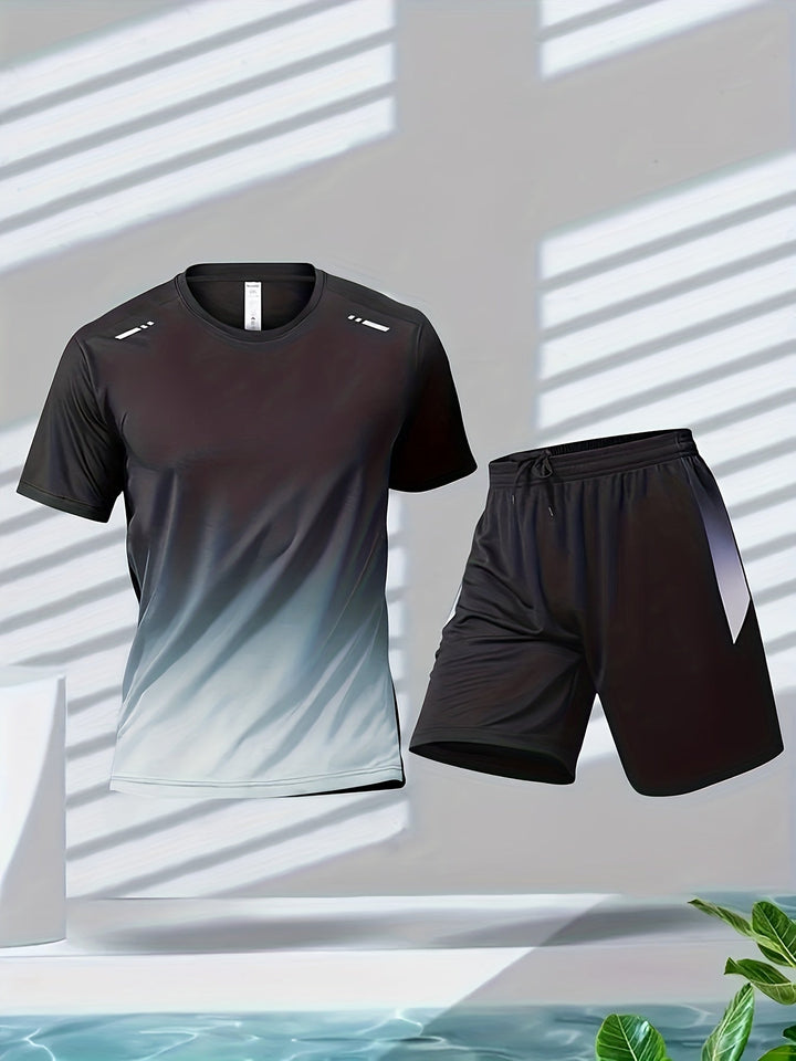 Herre sportssæt: Åndbart T-shirt & shorts, hurtigtørrende, gradient farveovergang, moderne design til sport