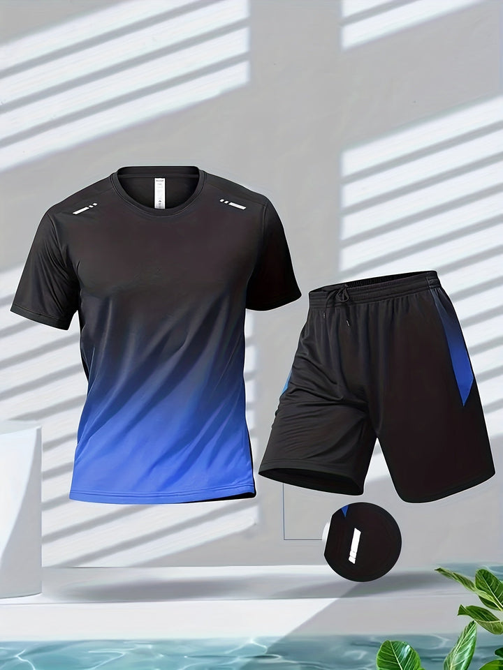 Herre sportssæt: Åndbart T-shirt & shorts, hurtigtørrende, gradient farveovergang, moderne design til sport