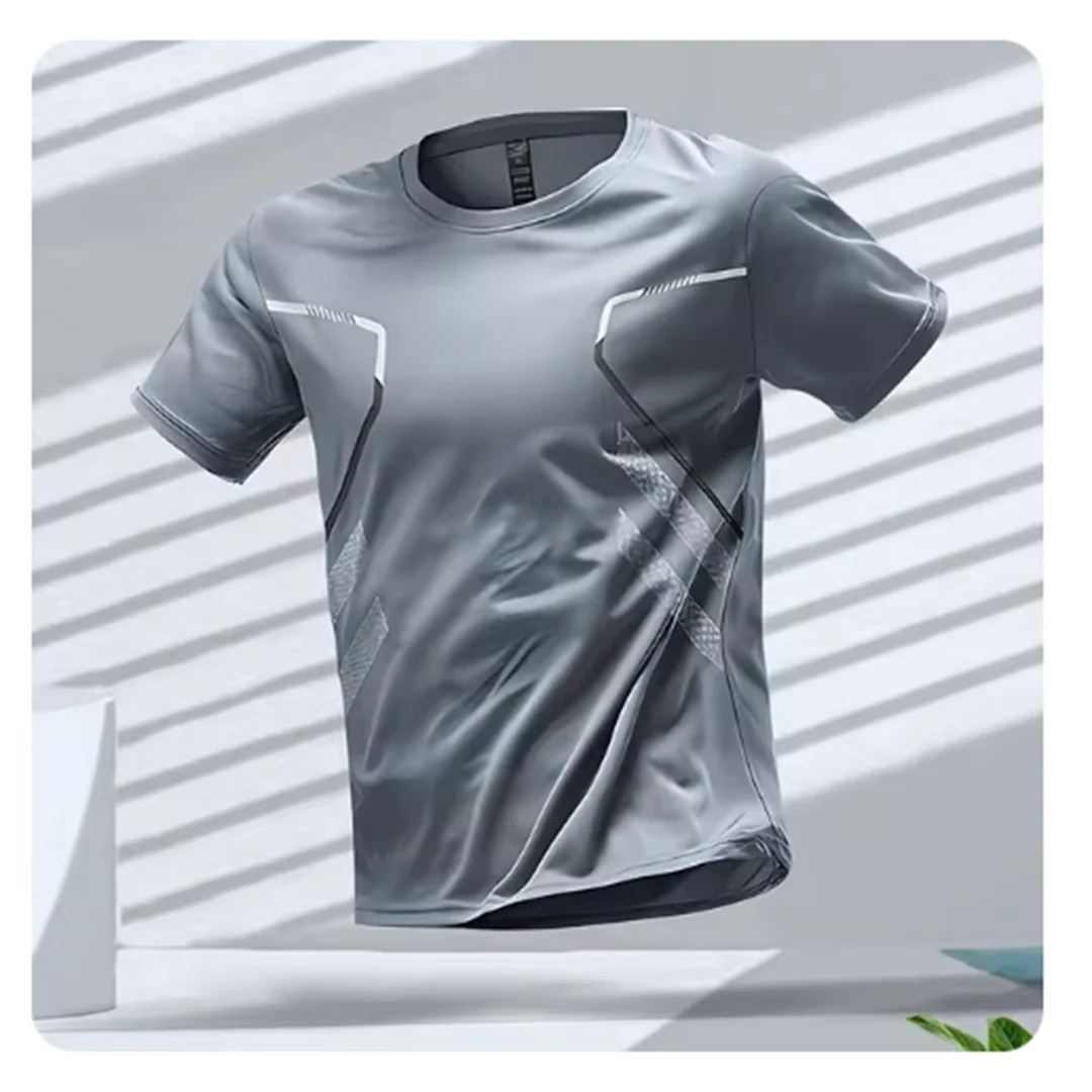 Grå atletisk T-shirt til mænd, med anti-lugt funktion og optimal pasform til alle sportsgrene.