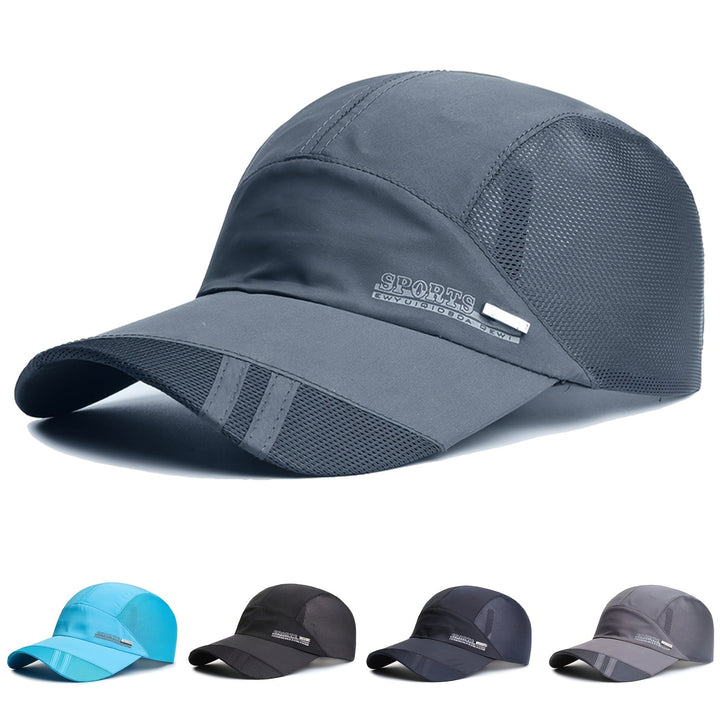 Herre sportskasket, justerbar, åndbar, UV-beskyttelse, mørkegrå, udendørs design, ideel til sport og rejser.