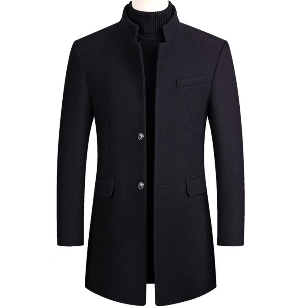 Moderne herrefrakke med ståkrave og slim fit design, ideel til en skarp og elegant stil.