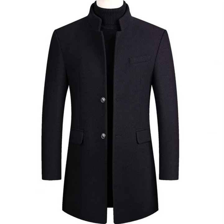 Moderne herrefrakke med ståkrave og slim fit design, ideel til en skarp og elegant stil.