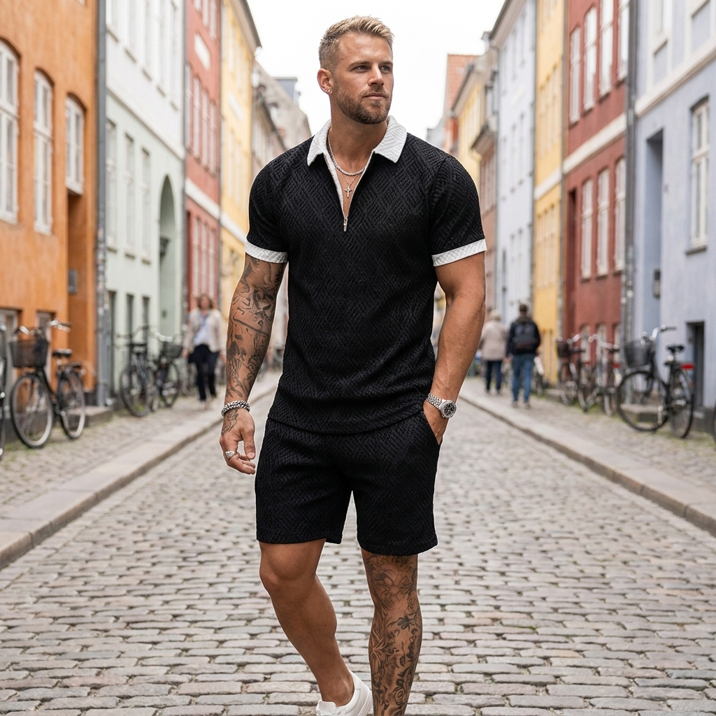 Afslappet sommertøj: herresæt med t-shirt & shorts. Komfortabelt fritidssæt i moderne, stilfuldt design.