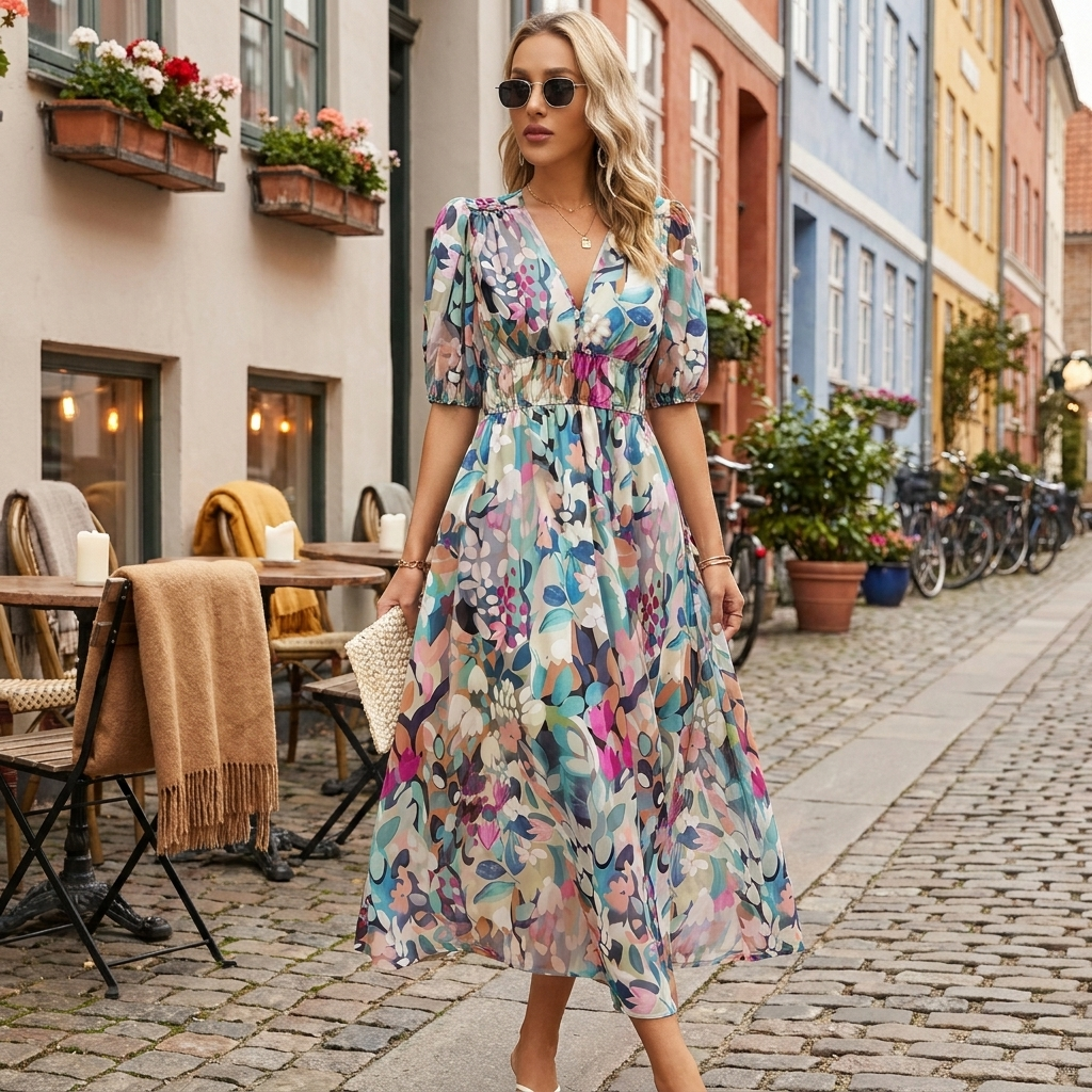 Elegant blomstret sommerkjole til kvinder med V-hals og talje, perfekt til både fest og hverdag.
