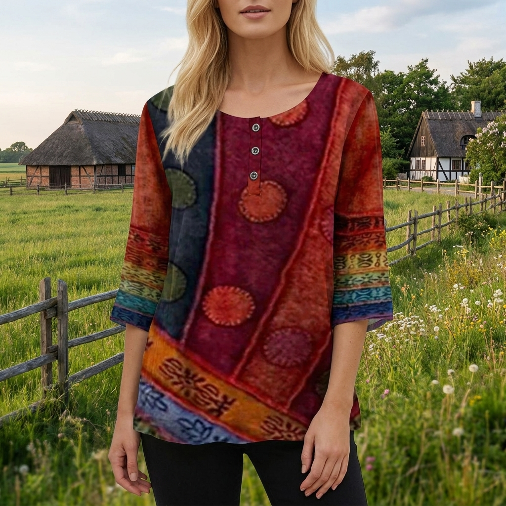 Trendy kvindetop med moderne blomsterprint, rund hals og afslappet pasform, perfekt til sommer.
