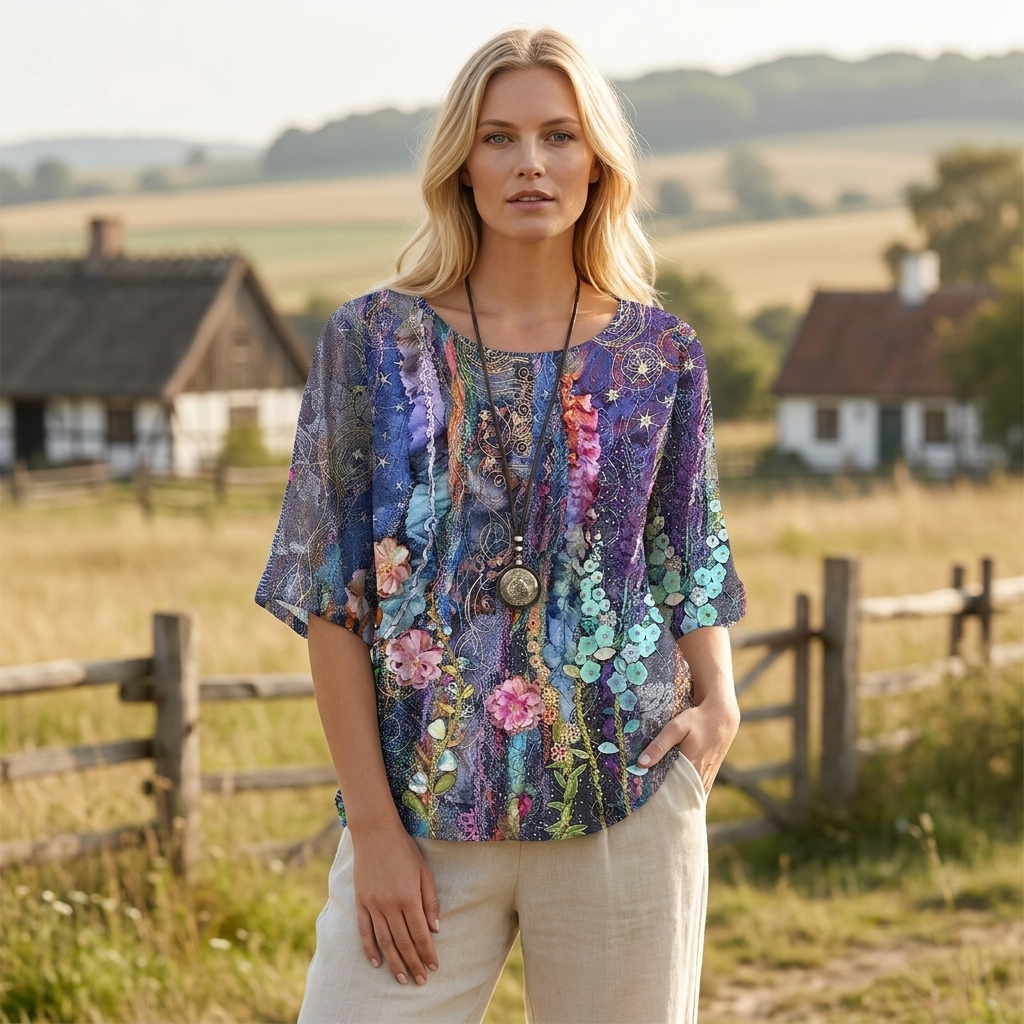 Kvinder's mode bluse med levende blomsterprint, rund hals og smarte knapdetaljer til sommer.