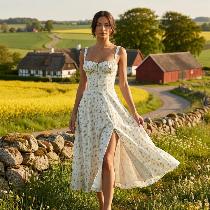 Elegant dame sommerkjole med blomsterprint og justerbare stropper for en let sommerstil.