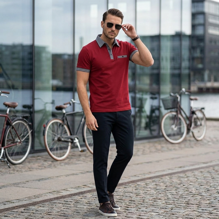 Herre poloskjorte, et stilrent valg med kontrastdetaljer for et moderne og afslappet look.
