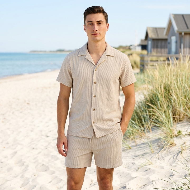 Mænds afslappet sommersæt med let skjorte og matchende shorts, perfekt til varme dage.
