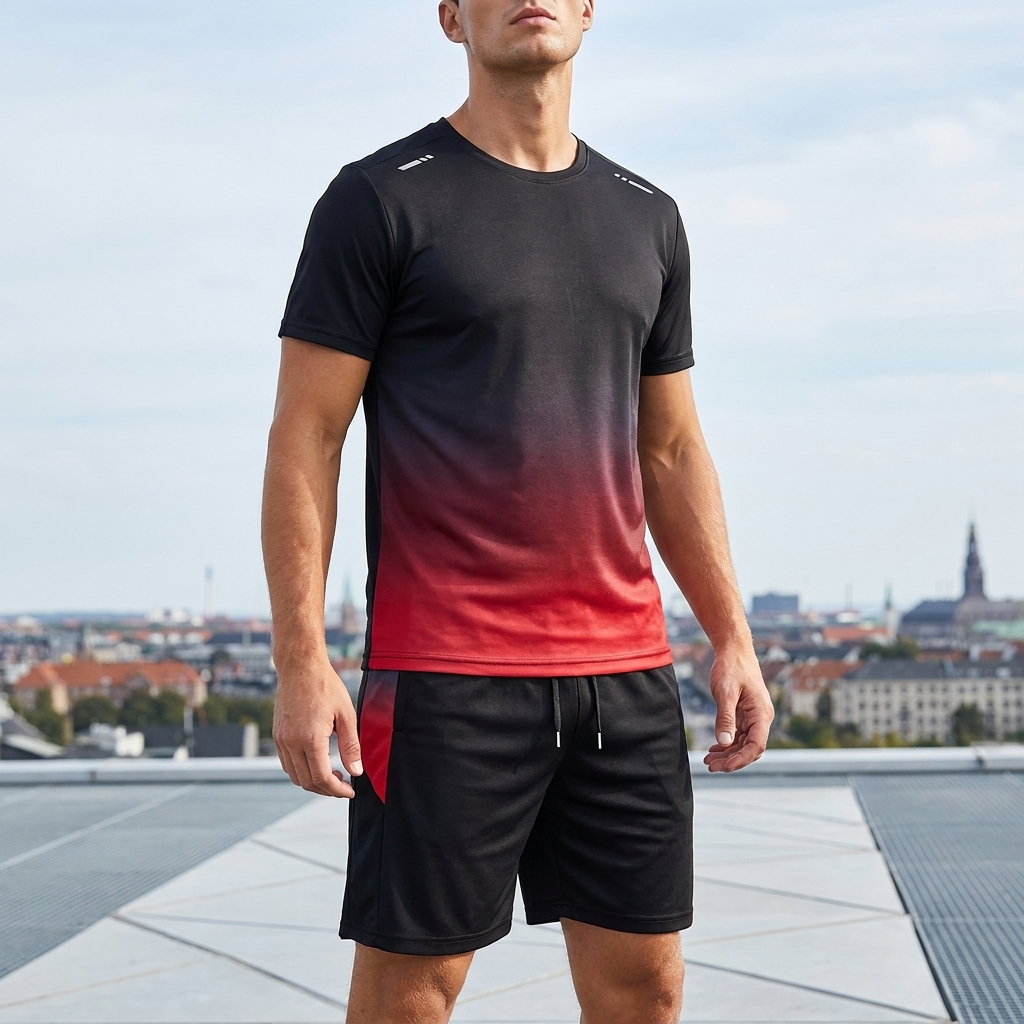 Atletisk mænds activewear: Todelt sæt med åndbar t-shirt og shorts.