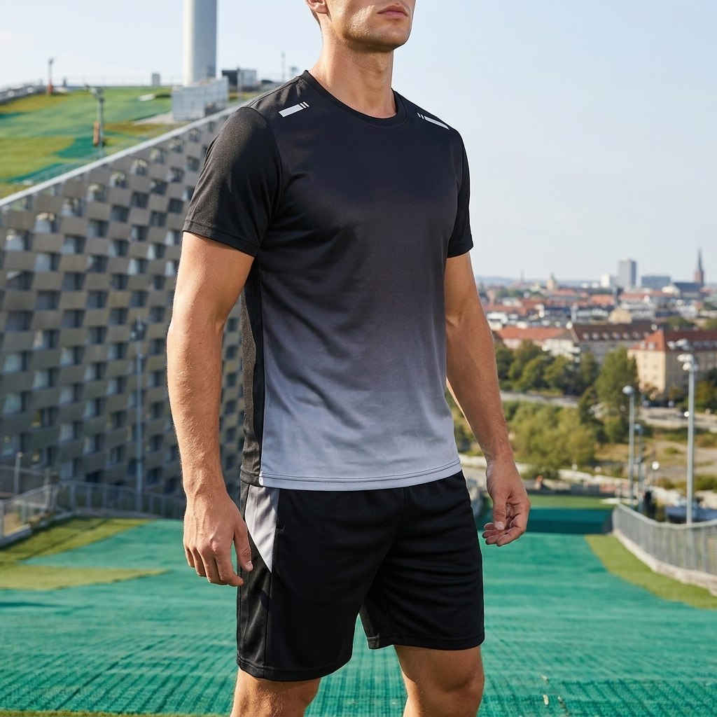 Svedtransporterende mænds træningssæt: T-shirt og shorts for optimal komfort.