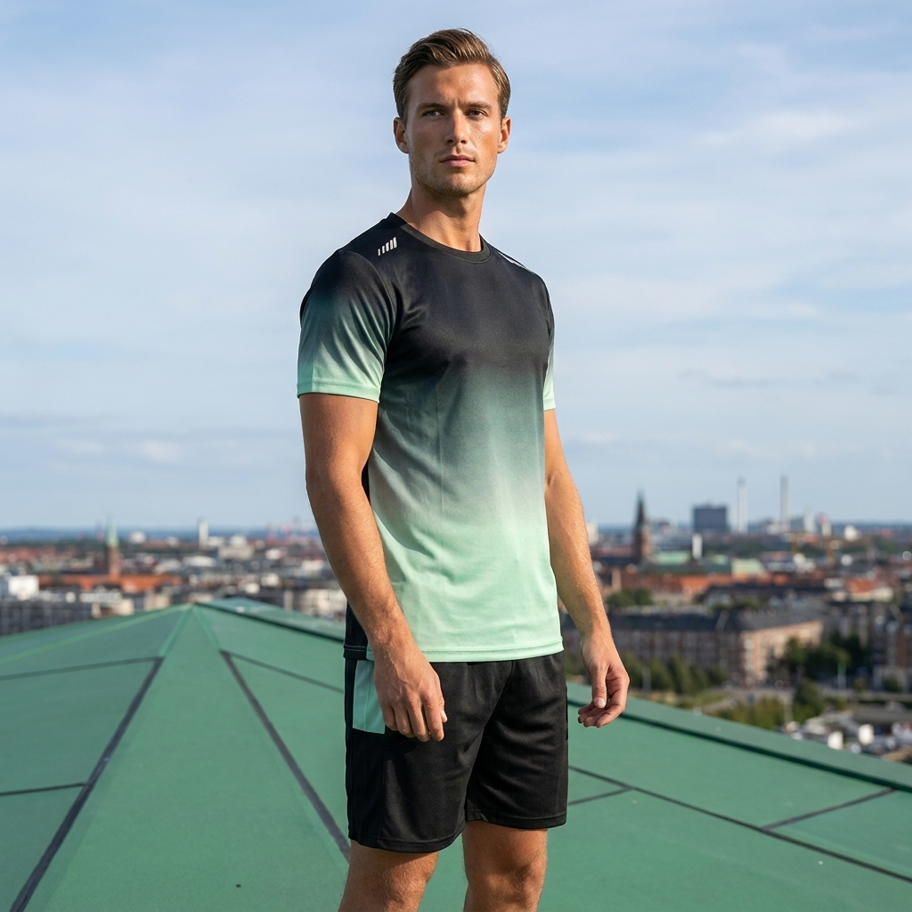 Fritidstøj til mænd: Blødt sportssæt med shorts og t-shirt, perfekt til hverdag.