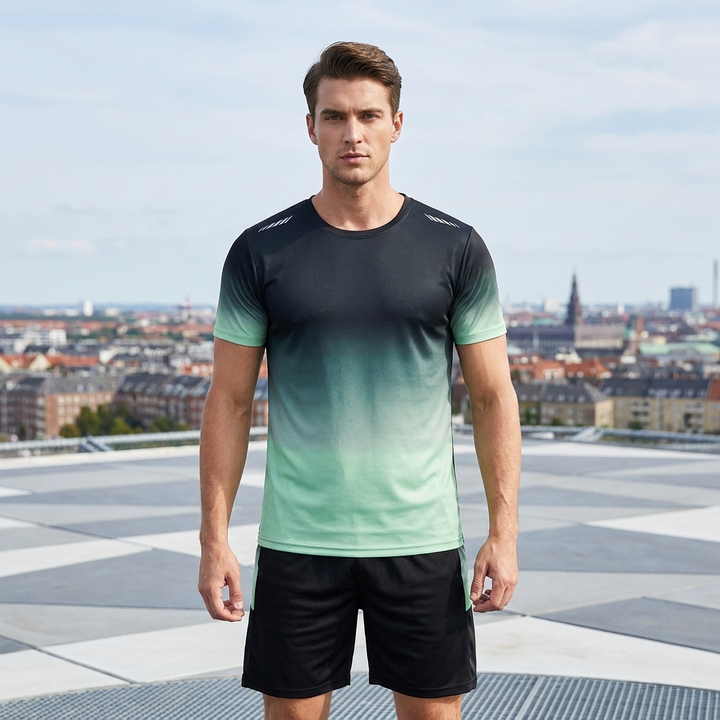 Mænds komplette sportssæt: Komfortabel og åndbar T-shirt & shorts til aktiv brug.