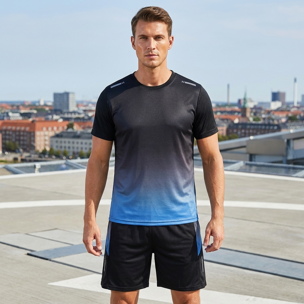 Komfortabelt mænds træningstøj: Todelt sæt med shorts og t-shirt.