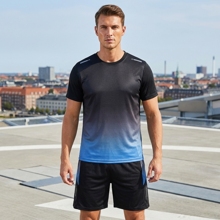 Komfortabelt mænds træningstøj: Todelt sæt med shorts og t-shirt.