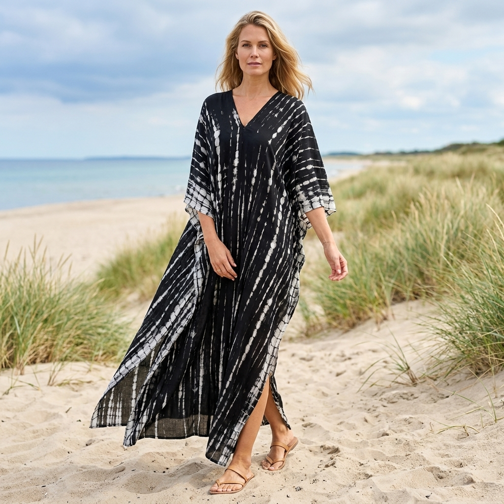 Afslappet feriekjole: kvinde boheme maxi kjole med farverigt print, løs pasform, strandklar stil.