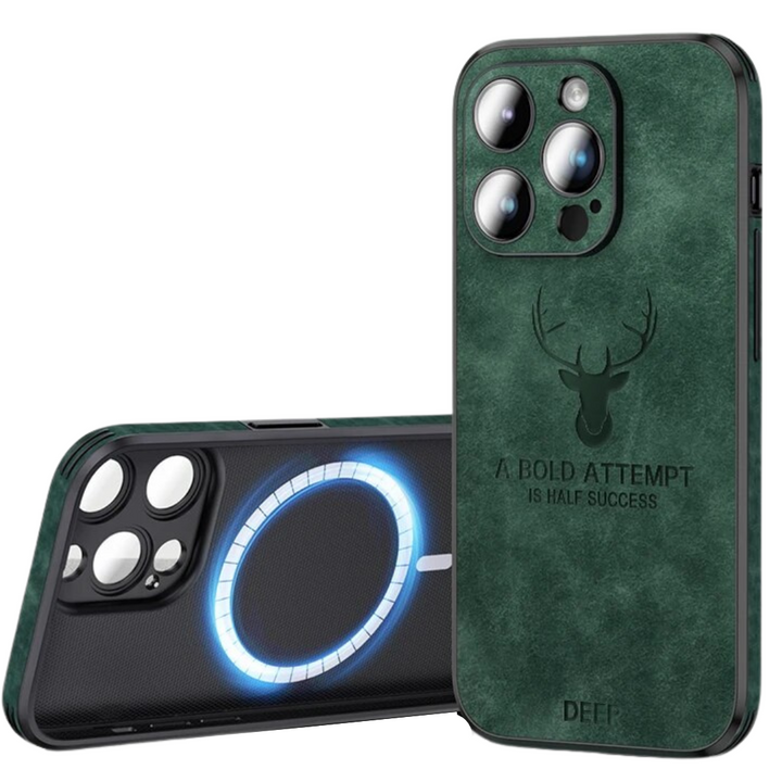 Højkvalitets brun ruskind iPhone-cover, stødsikkert med kameraobjektivbeskyttelse for optimal luksus og beskyttelse.