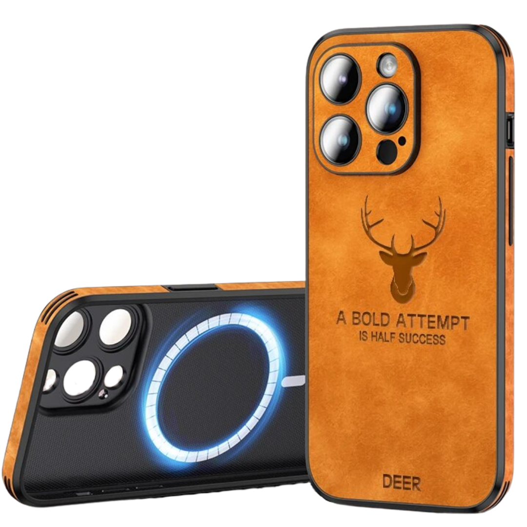 Højkvalitets brun ruskind iPhone-cover, stødsikkert med kameraobjektivbeskyttelse for optimal luksus og beskyttelse.