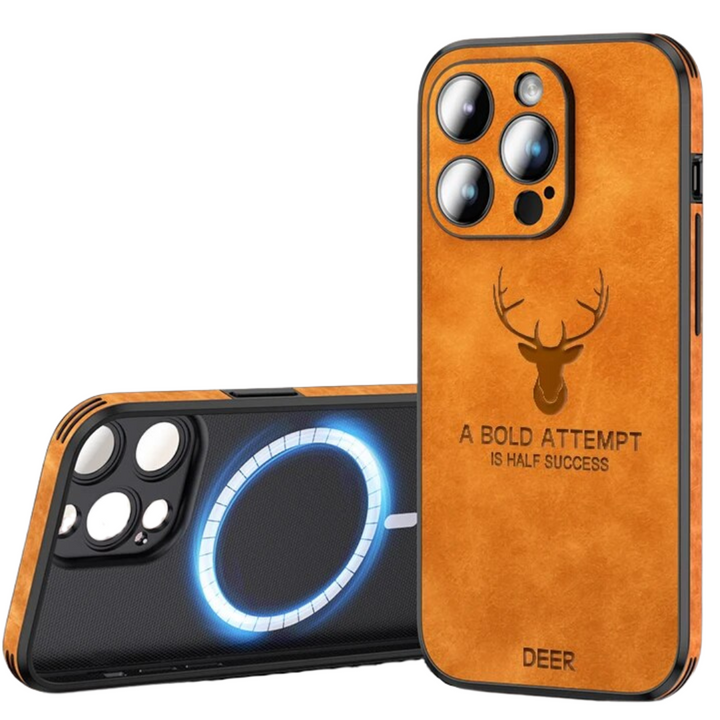 Højkvalitets brun ruskind iPhone-cover, stødsikkert med kameraobjektivbeskyttelse for optimal luksus og beskyttelse.