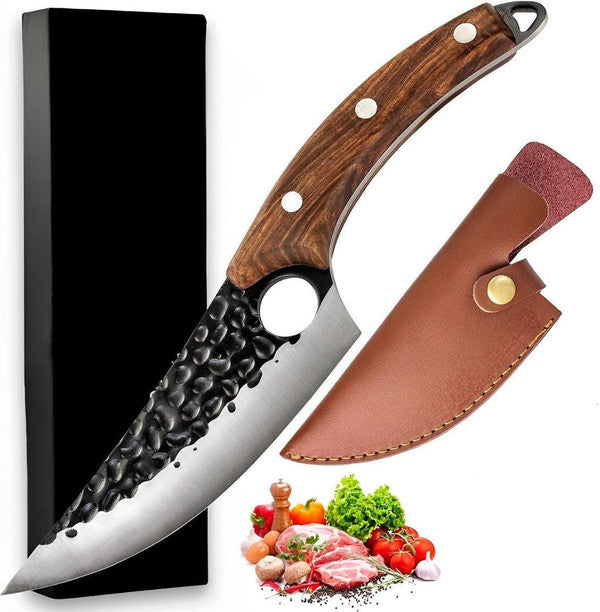 Højkvalitets køkkenkniv med skarpt, rustfrit stålblad og ergonomisk træskaft, ideel for hjemmekokke og professionelle.