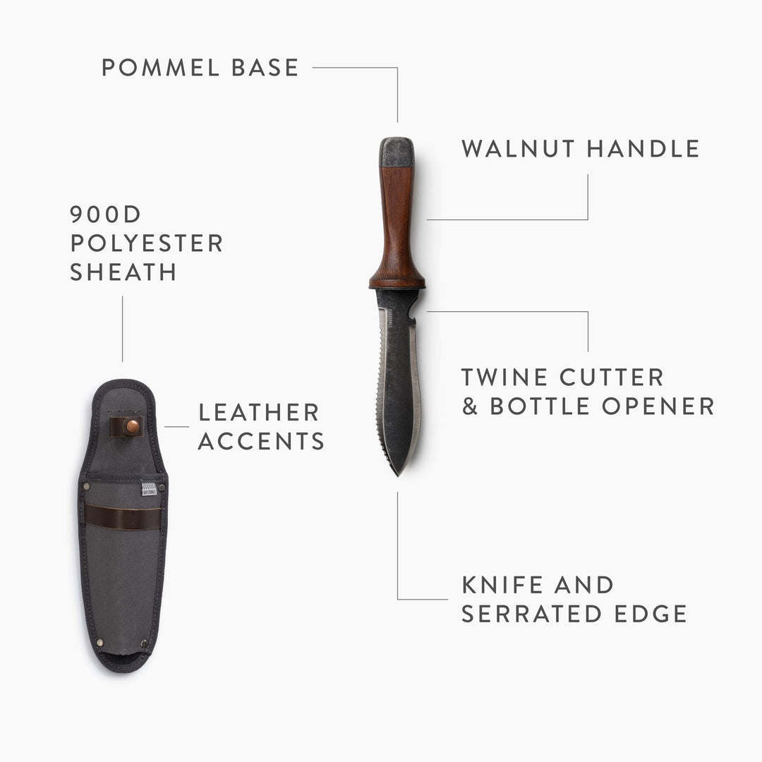 Hori Hori havekniv i beskyttende skede. Perfekt udendørs værktøj til bushcraft, camping og alsidigt friluftsliv.
