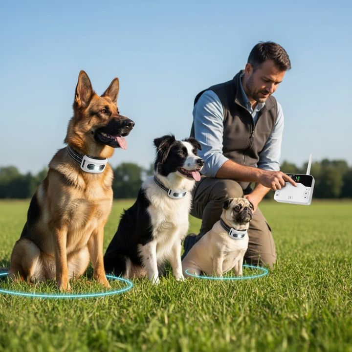 Trådløst hundesikringssystem med sender og vandtæt hundehalsbånd for optimal sikkerhed udendørs.