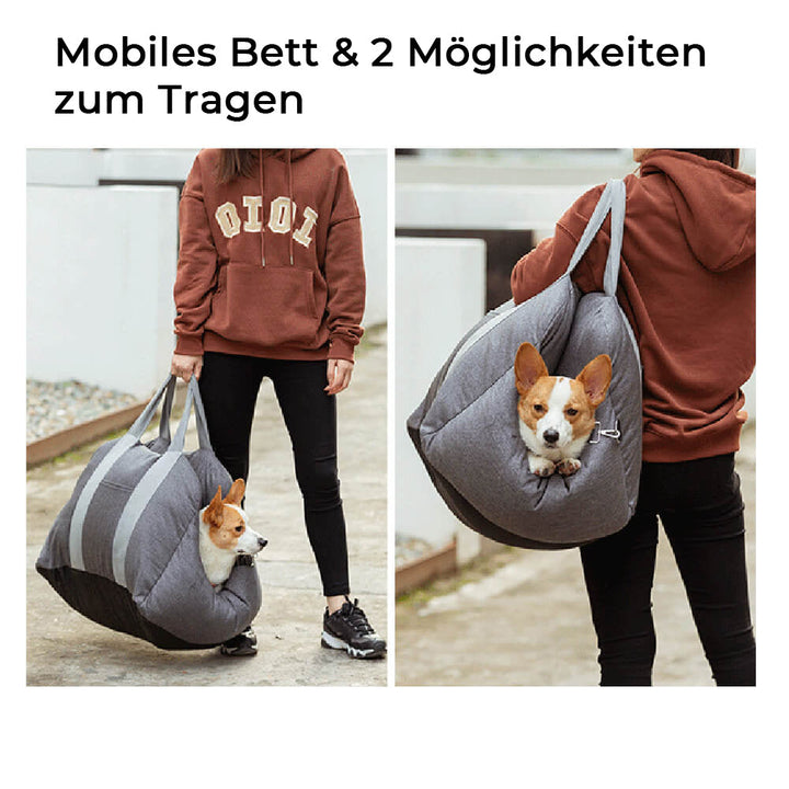 Hundeautostolsseng, grå, enkeltsæde, med justerbare stropper og aftageligt betræk for sikkerhed og komfort.