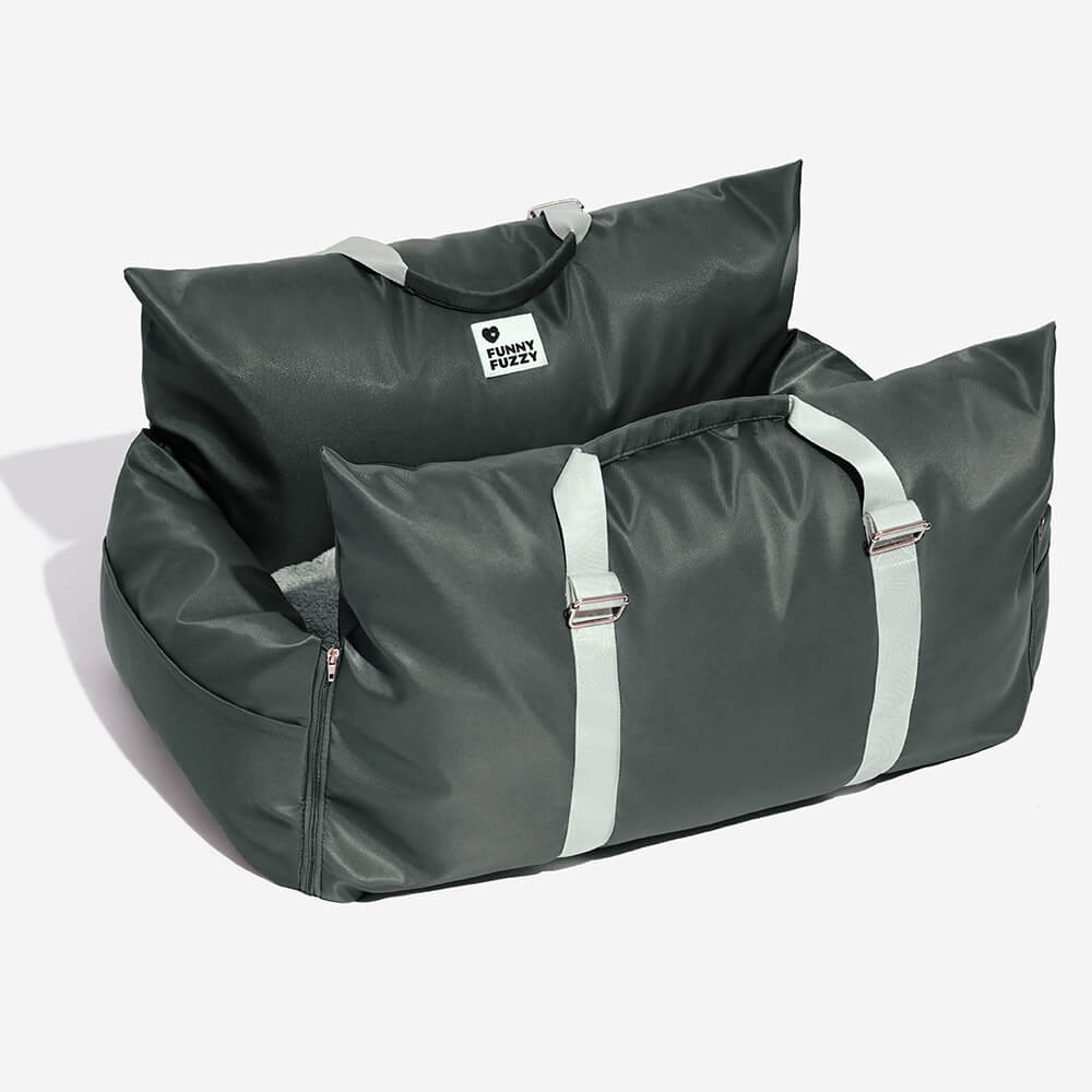 "Hunde-Autositzbett, grau, Einzelsitz, mit verstellbaren Gurten und abnehmbarem Bezug für Sicherheit und Komfort."