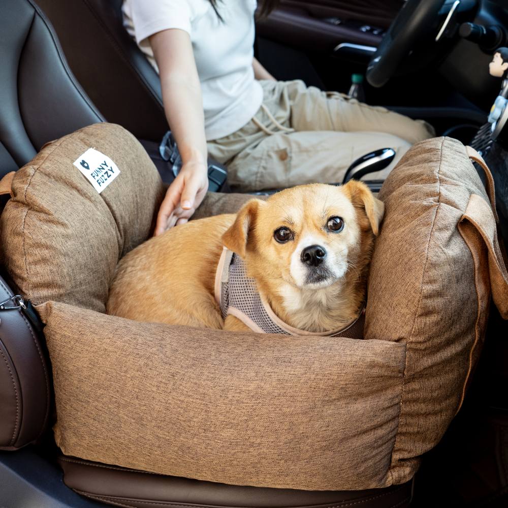 "Hunde-Autositzbett, grau, Einzelsitz, mit verstellbaren Gurten und abnehmbarem Bezug für Sicherheit und Komfort."
