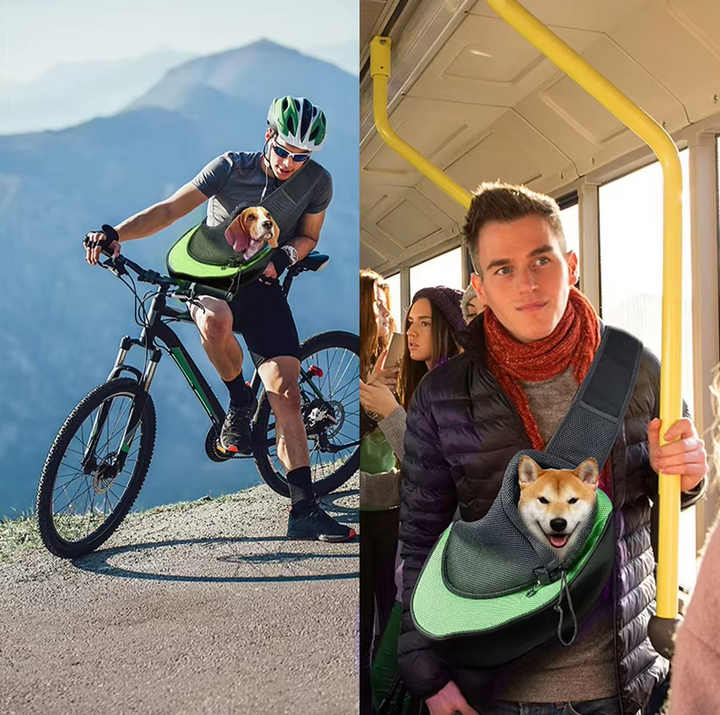 Hundetransporttaske: grå, åndbar skuldertaske med polstrede stropper for maksimal komfort til hunde på farten.