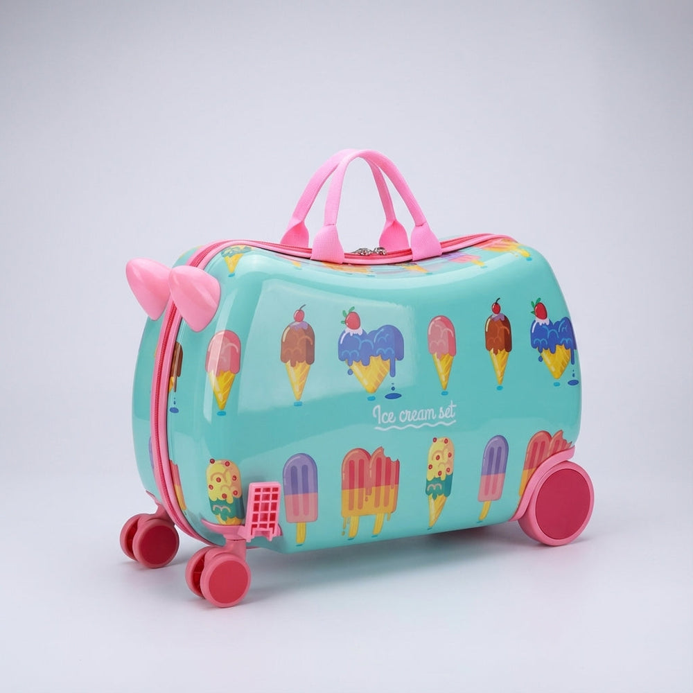 Hardcase børnekuffert med hjul, designet som håndbagage. Børn kan sidde og køre på den under rejsen.