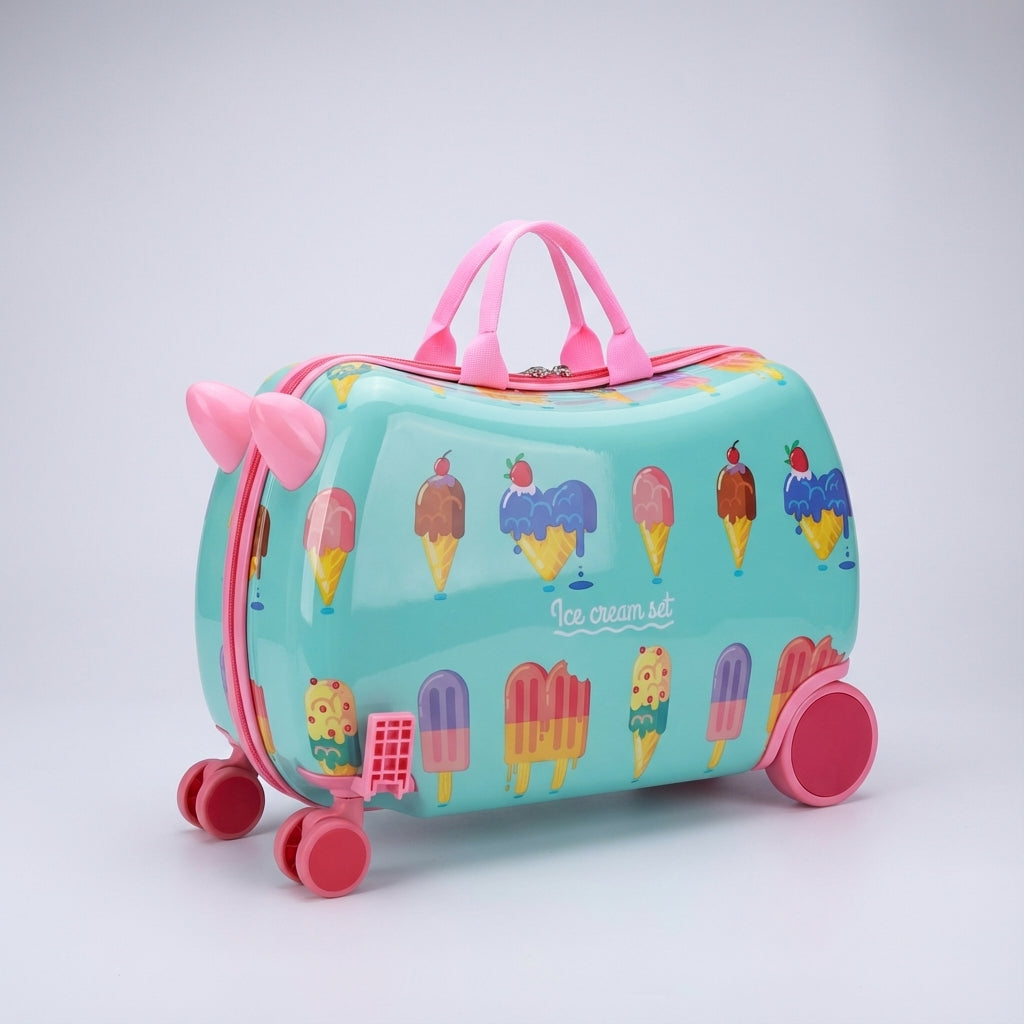 Hardcase børnekuffert med hjul, designet som håndbagage. Børn kan sidde og køre på den under rejsen.