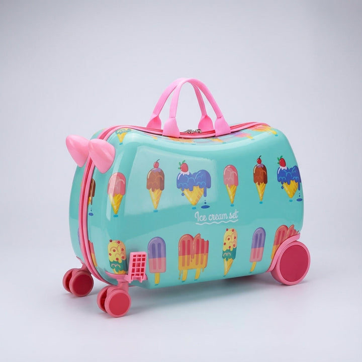 Hardcase børnekuffert med hjul, designet som håndbagage. Børn kan sidde og køre på den under rejsen.