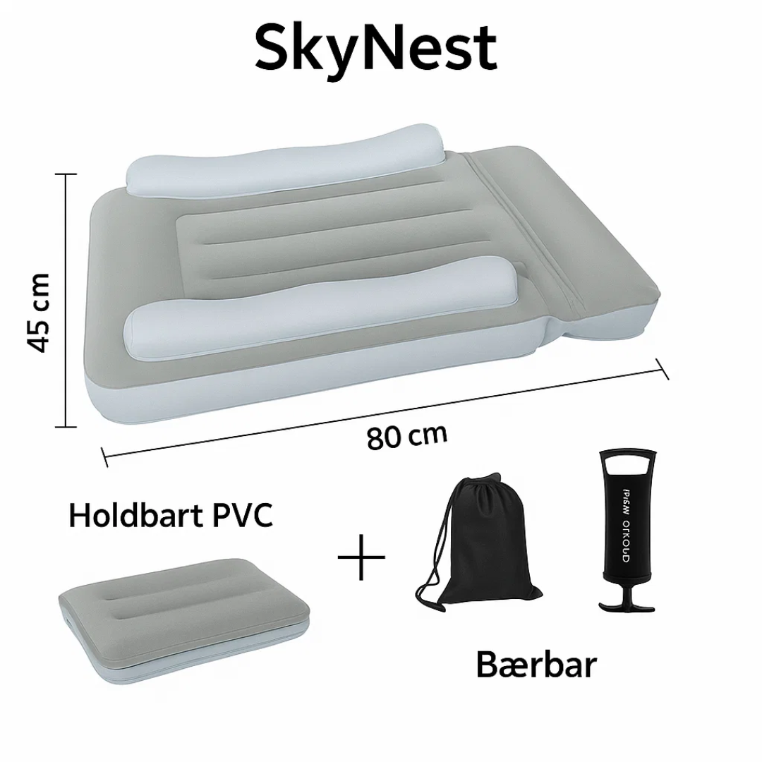 Kompakt oppustelig børneseng med rejsetaske; ideel til nem transport og overnatning på ferien.
