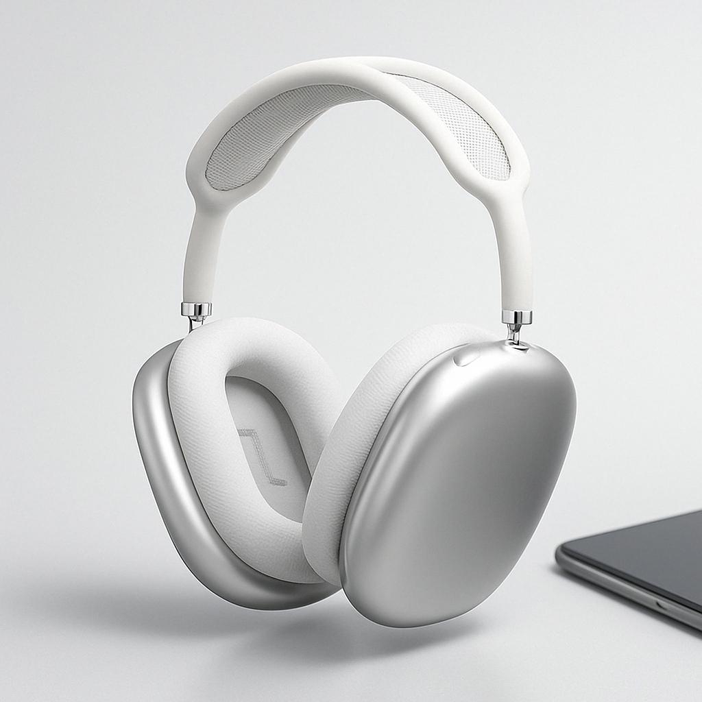 Hvide trådløse over-ear hovedtelefoner m. aktiv støjreduktion & Bluetooth for klar musik & lyd.