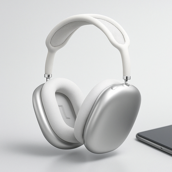 Hvide trådløse over-ear hovedtelefoner m. aktiv støjreduktion & Bluetooth for klar musik & lyd.