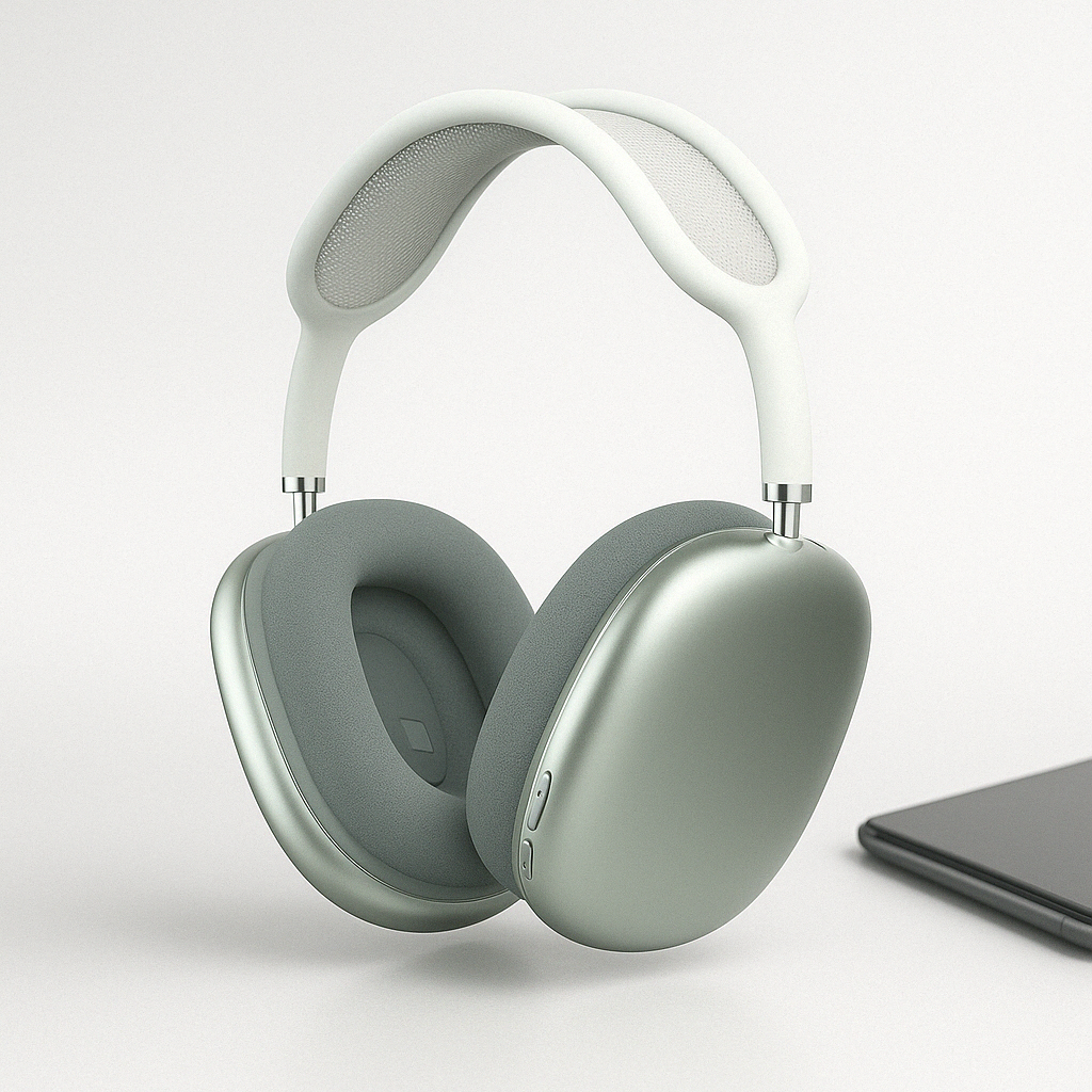 Trådløse over-ear hovedtelefoner i hvid, sort & blå med aktiv støjreduktion for optimal lydoplevelse.