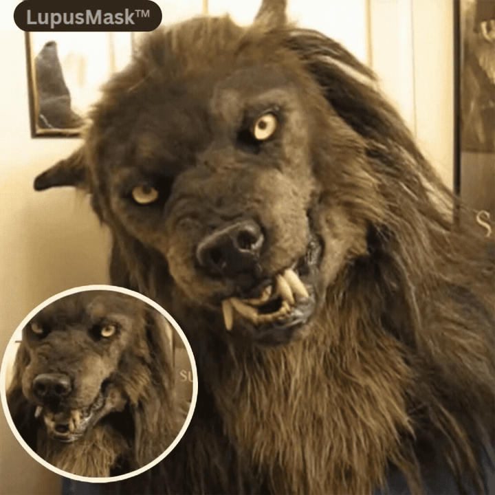 Imponerende ulvemaske med realistisk kunstpels, håndlavet af silikone, ideel til Halloween-kostumer og cosplay.