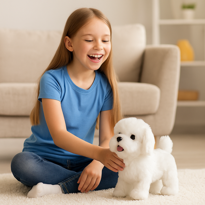 Realistisk robot-hundehvalp i plys, en sjov interaktiv legekammerat til børns udvikling.